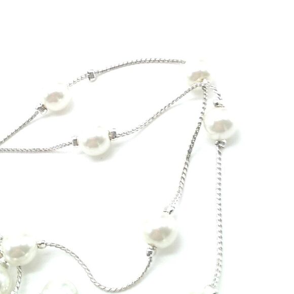 Delicate Tin Cup Faux Pearl Necklace Very Long Silver-tone Thin Chain 73 inches - Picture 12 of 14